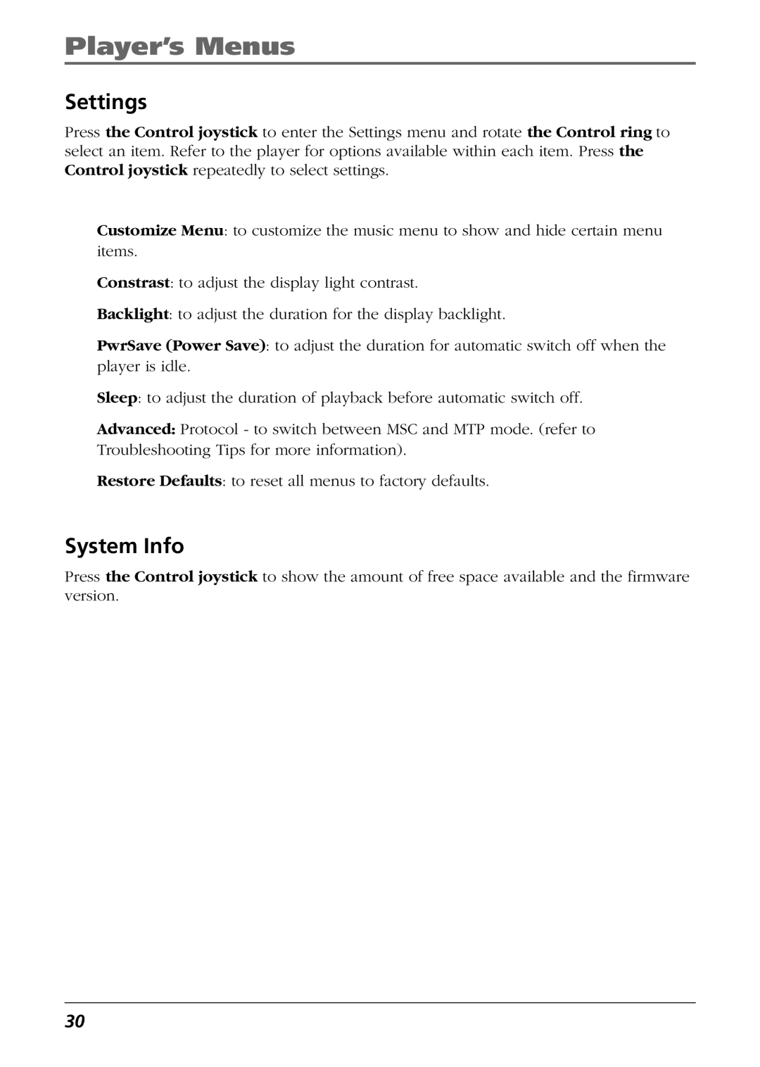 RCA H115/H125 manual Settings, System Info 