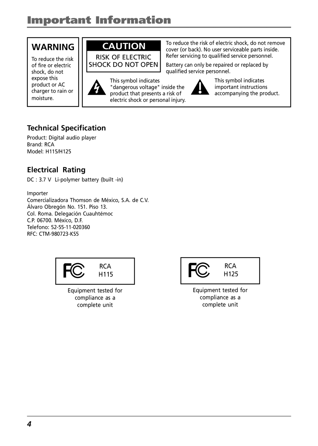 RCA H115/H125 manual Important Information, Shock do not Open 