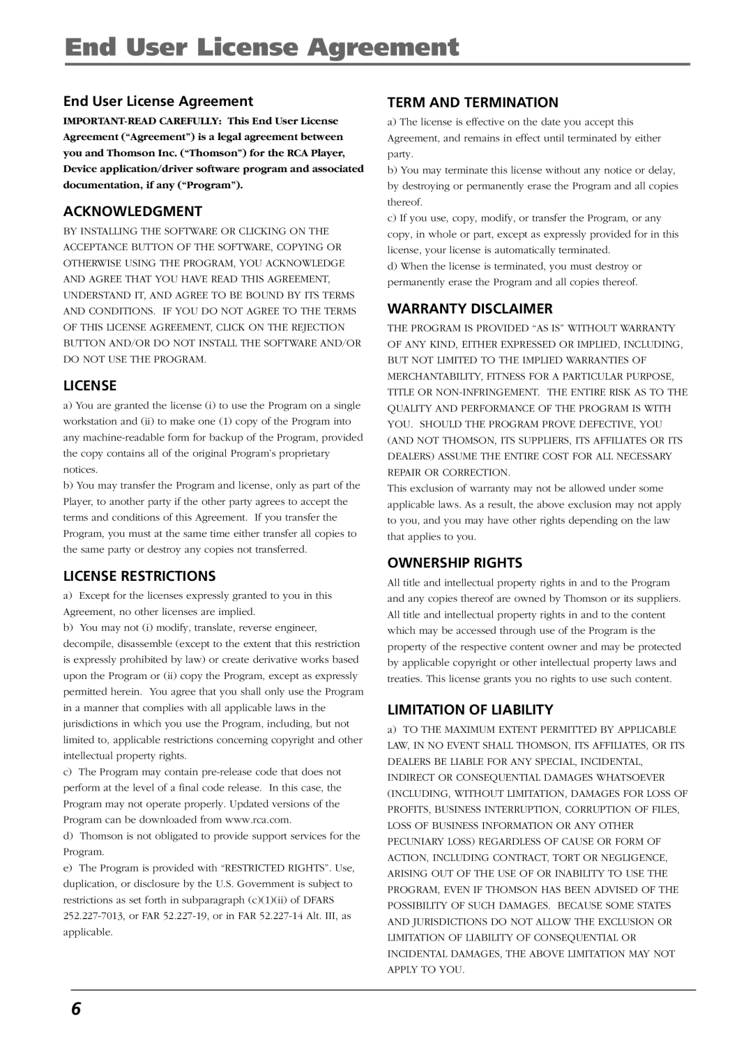 RCA H115/H125 manual End User License Agreement 