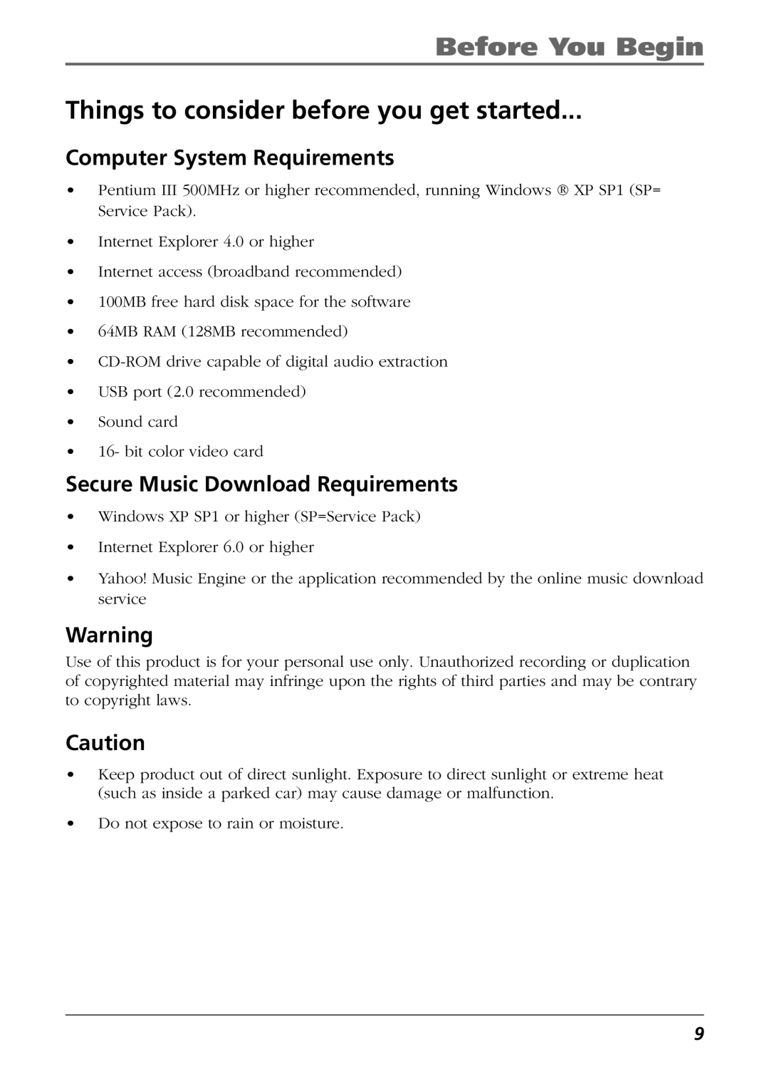 RCA H115/H125 Things to consider before you get started, Computer System Requirements, Secure Music Download Requirements 