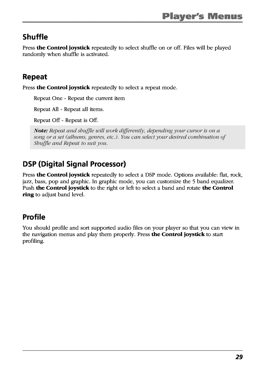 RCA H115/H125 manual Shuffle, Repeat, DSP Digital Signal Processor, Profile, Player’s Menus 