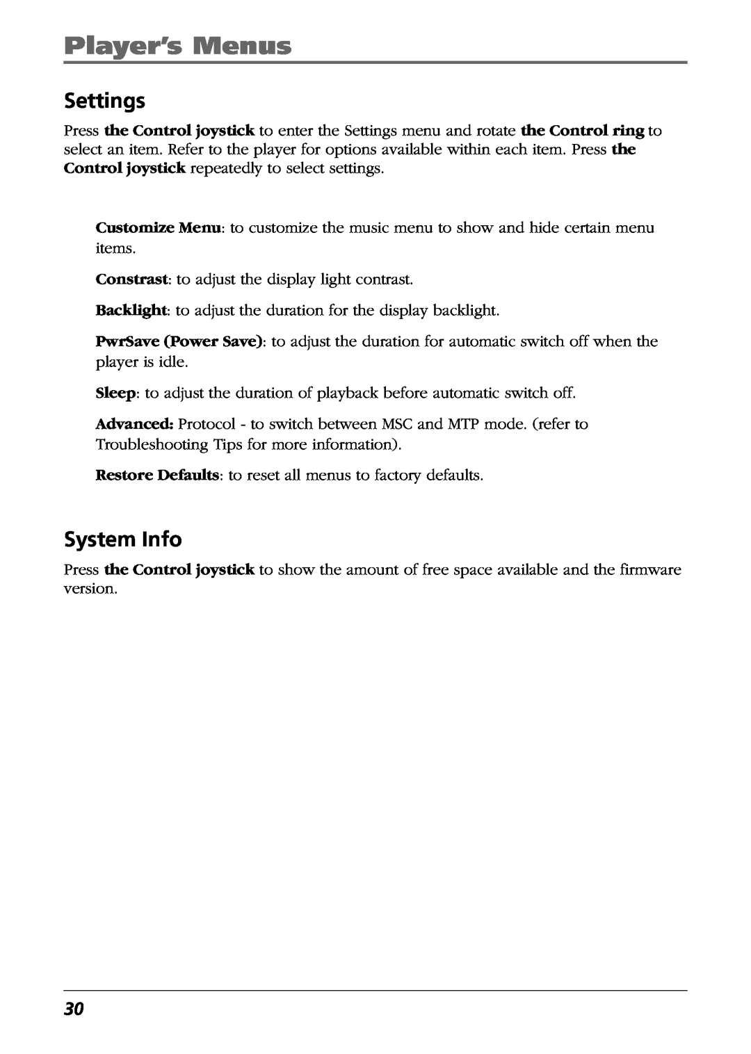 RCA H115/H125 manual Settings, System Info, Player’s Menus 