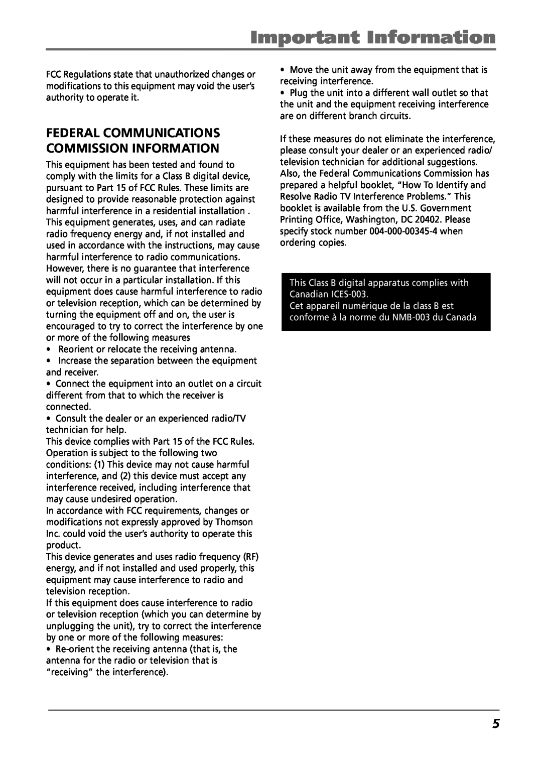 RCA H115/H125 manual Federal Communications Commission Information, Important Information 