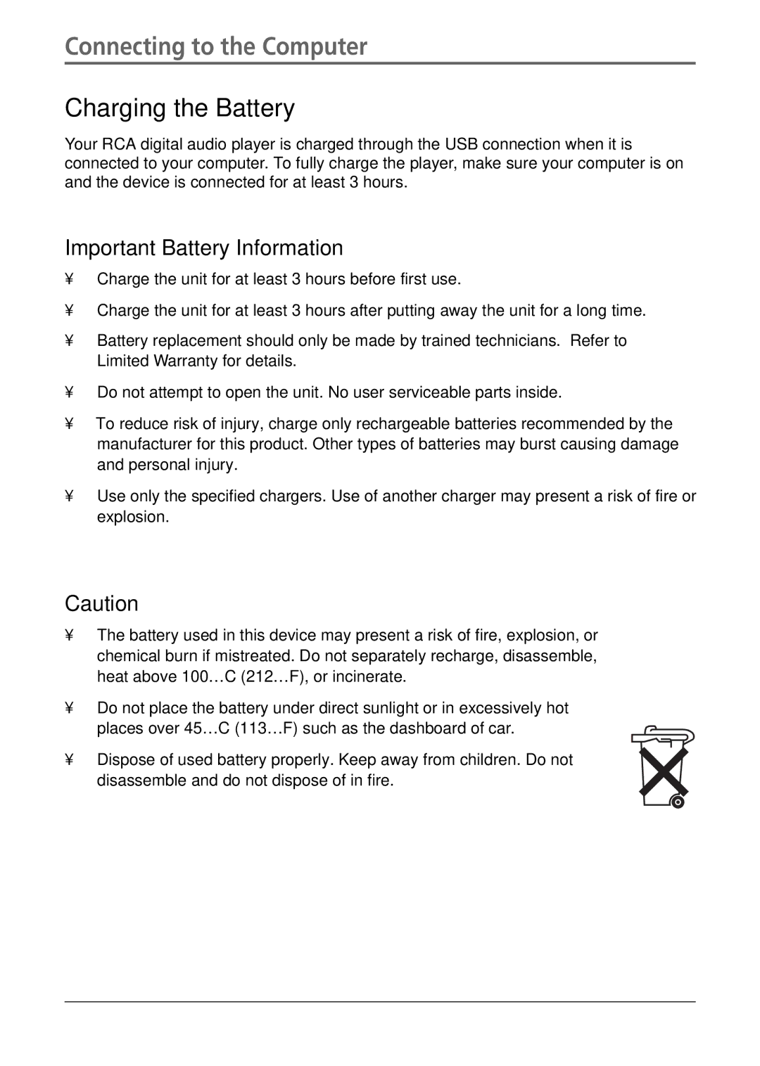 RCA HC106, H116, HC100, H104 manual Charging the Battery, Important Battery Information 