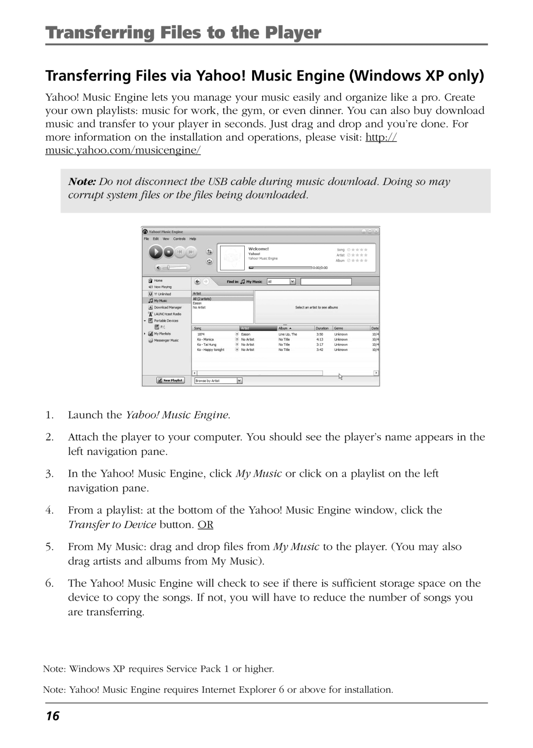 RCA H116, HC100, HC106, H104 manual Transferring Files via Yahoo! Music Engine Windows XP only, Launch the Yahoo! Music Engine 