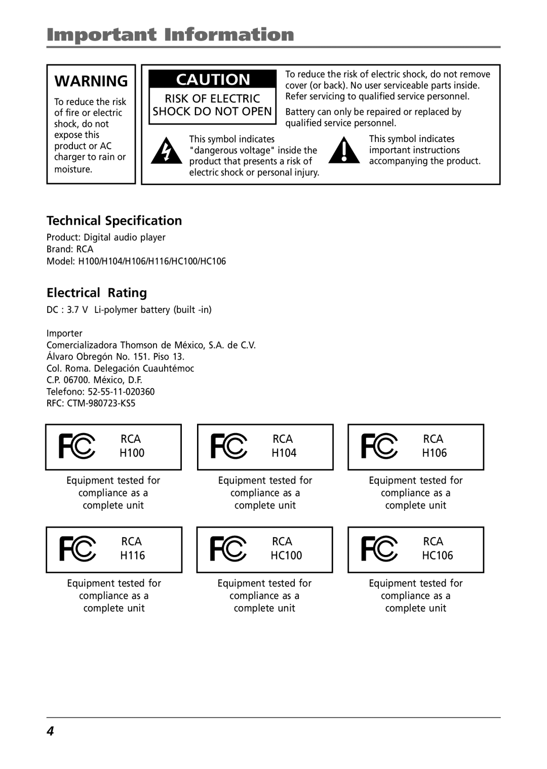 RCA H116, HC100, HC106, H104 manual Important Information, Shock do not Open 