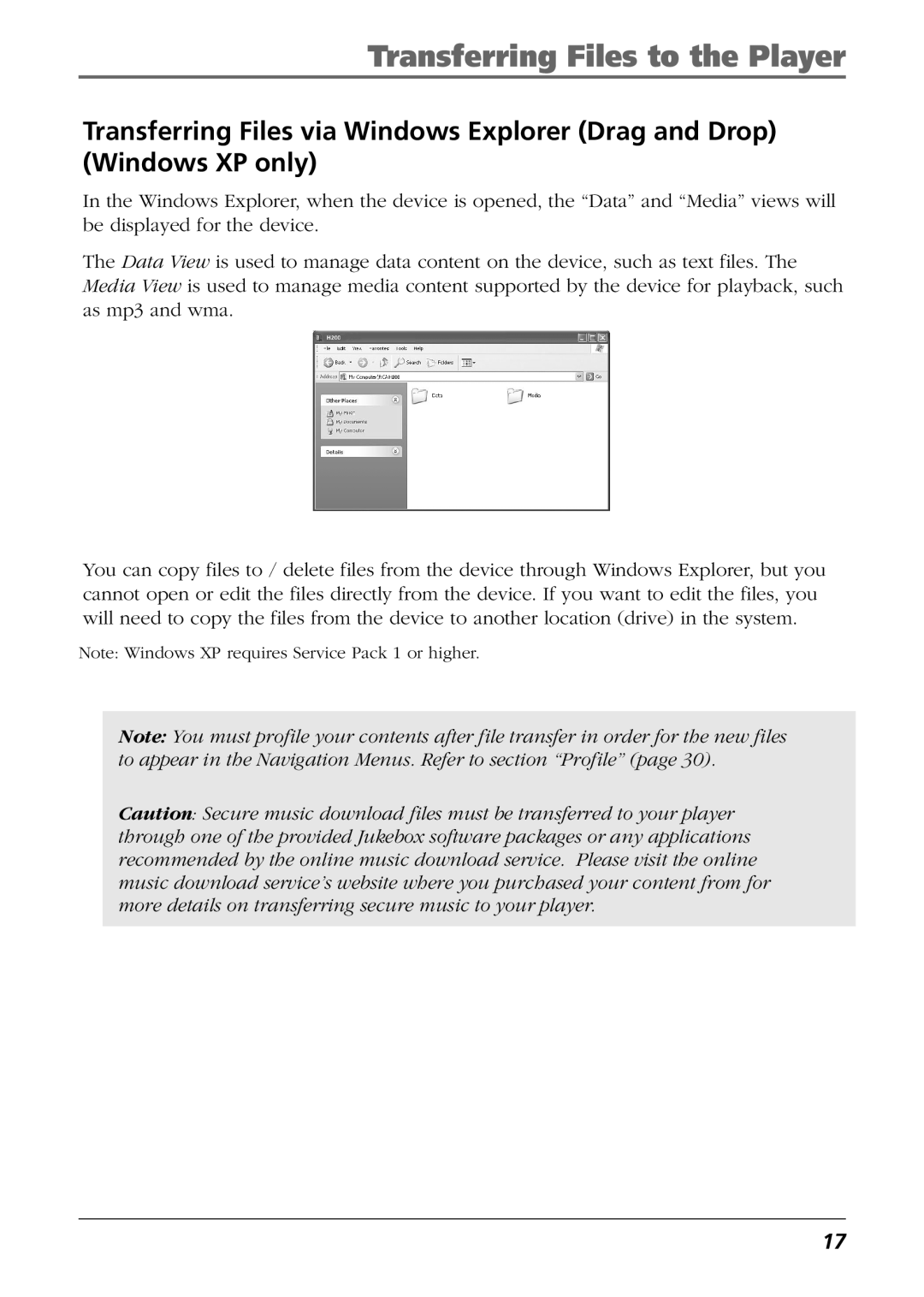 RCA H115, H125 manual Transferring Files to the Player 