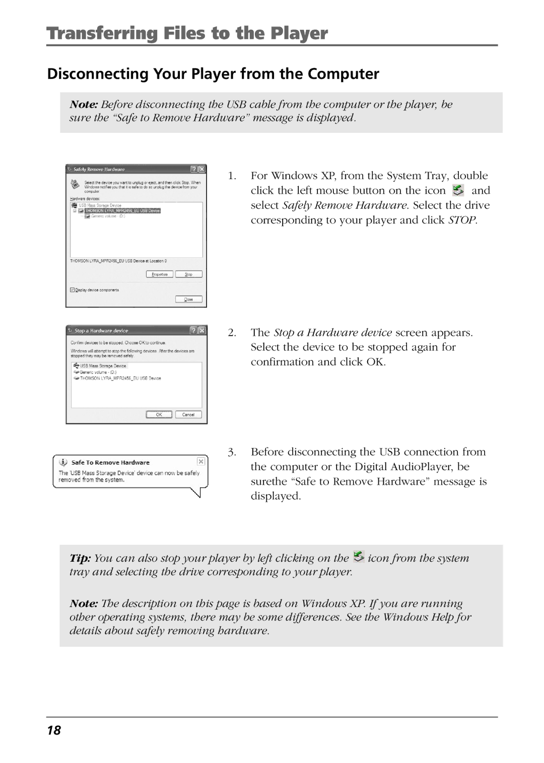 RCA H125, H115 manual Disconnecting Your Player from the Computer 