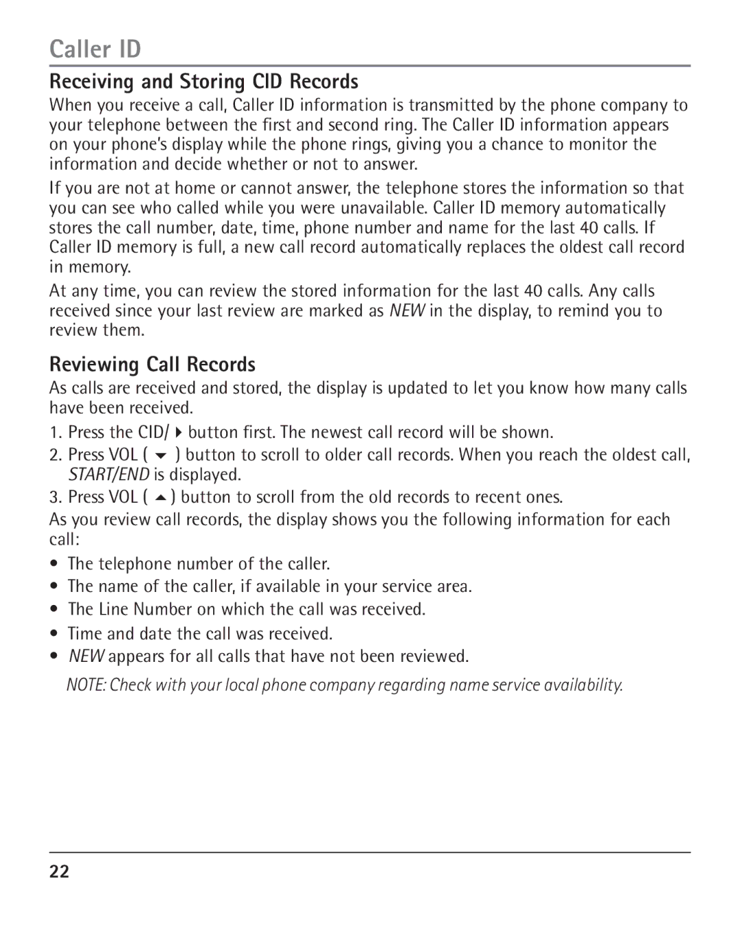 RCA H5401 manual Receiving and Storing CID Records, Reviewing Call Records 