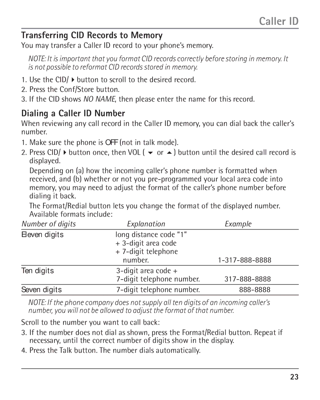 RCA H5401 manual Transferring CID Records to Memory, Dialing a Caller ID Number 