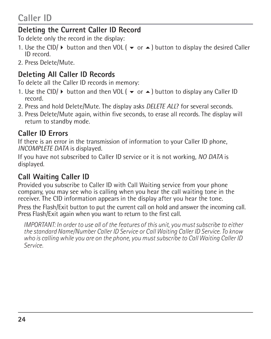 RCA H5401 Deleting the Current Caller ID Record, Deleting All Caller ID Records, Caller ID Errors, Call Waiting Caller ID 