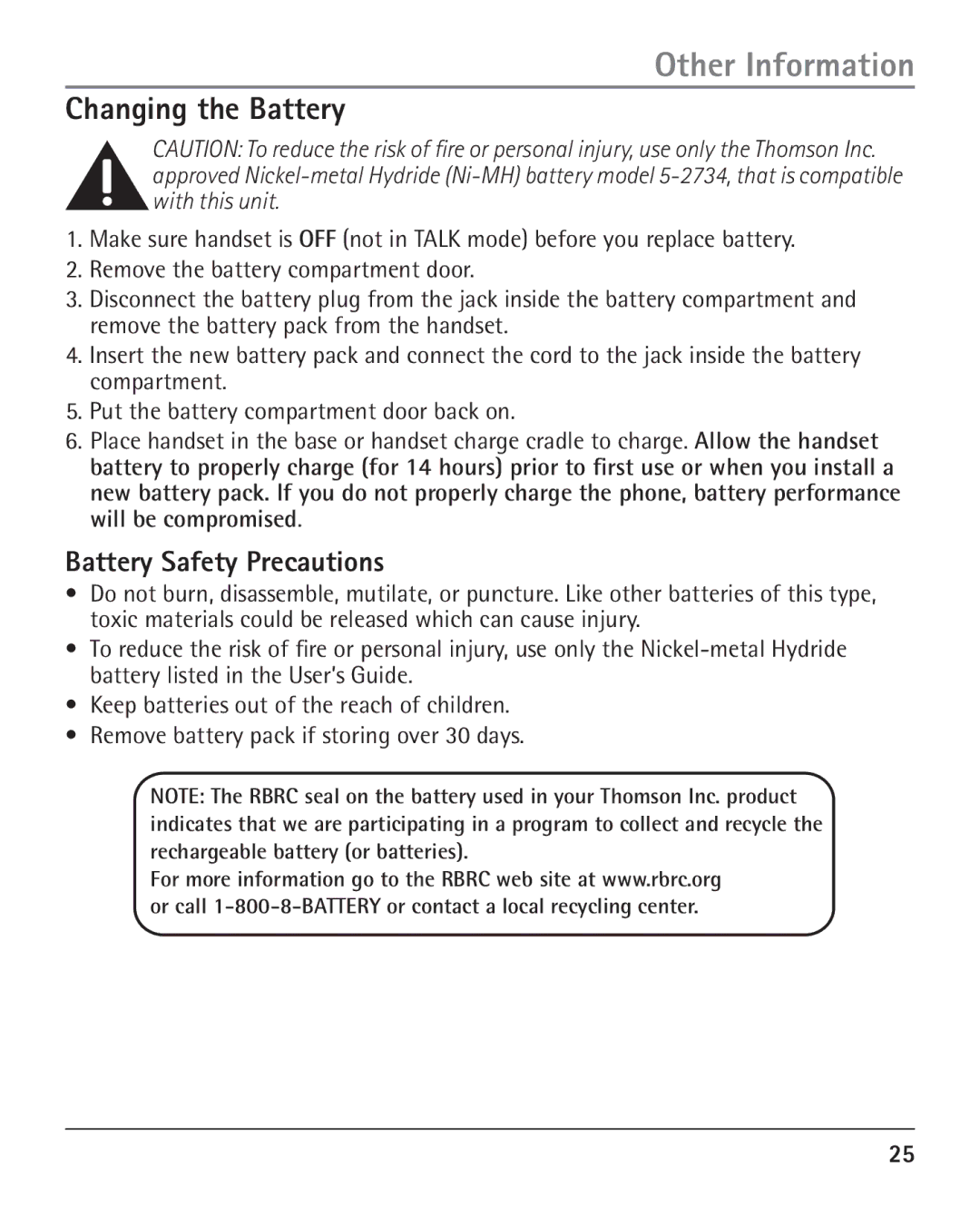 RCA H5401 manual Other Information, Changing the Battery, Battery Safety Precautions 