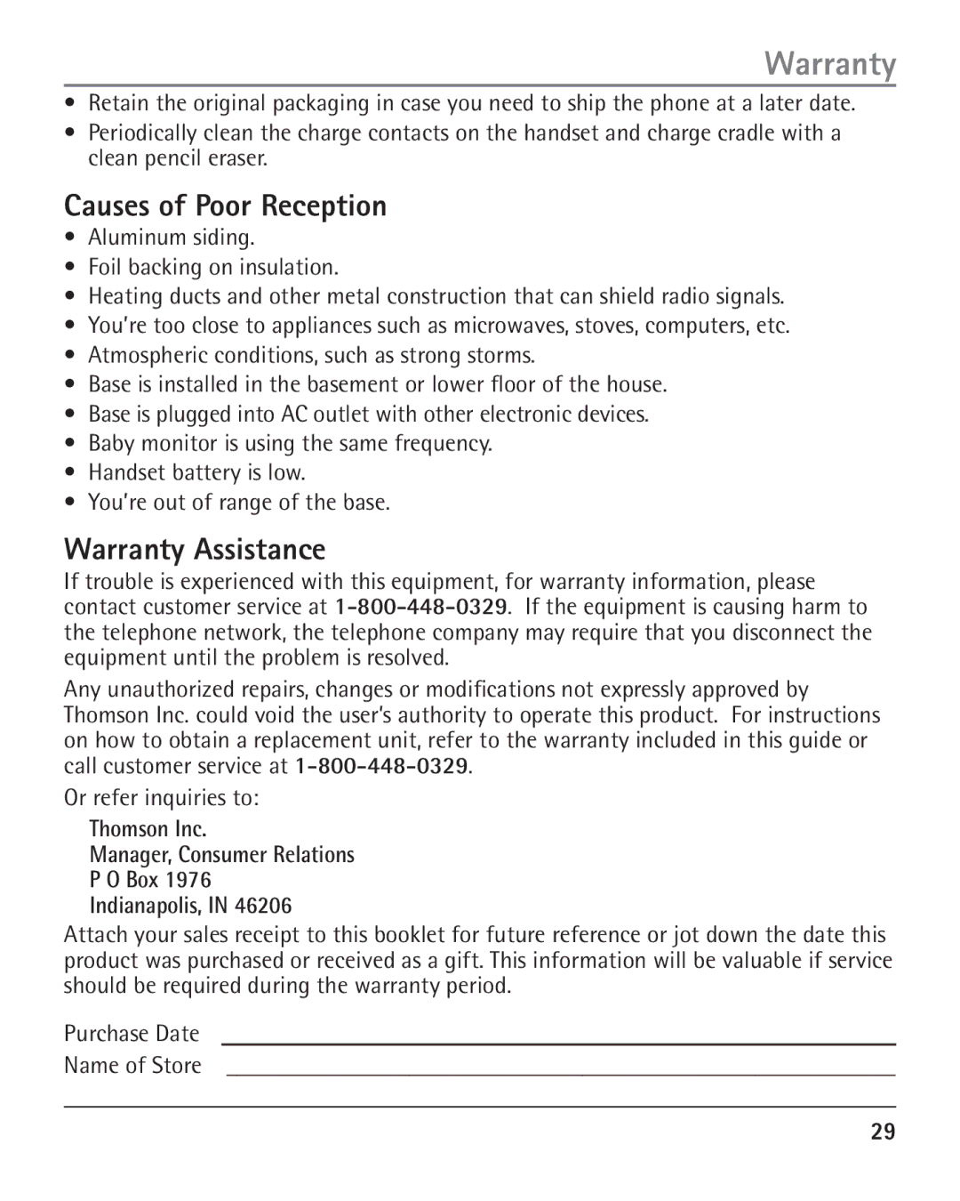 RCA H5401 Causes of Poor Reception, Warranty Assistance, Thomson Inc Manager, Consumer Relations Box Indianapolis 