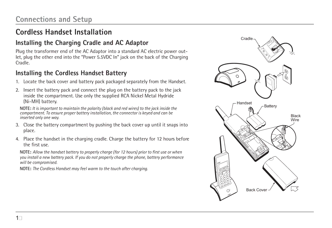 RCA H5450 manual Connections and Setup, Cordless Handset Installation, Installing the Charging Cradle and AC Adaptor 