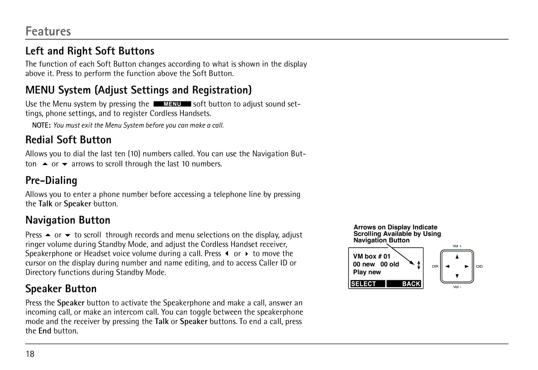 RCA H5450 manual Left and Right Soft Buttons, Menu System Adjust Settings and Registration, Redial Soft Button, Pre-Dialing 