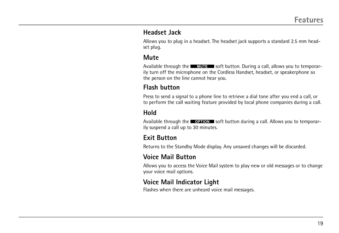 RCA H5450 manual Headset Jack, Mute, Flash button, Hold, Exit Button, Voice Mail Button, Voice Mail Indicator Light 