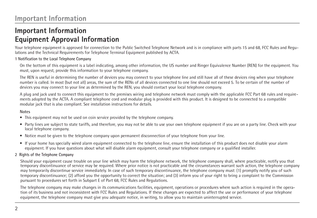 RCA H5450 manual Important Information Equipment Approval Information 