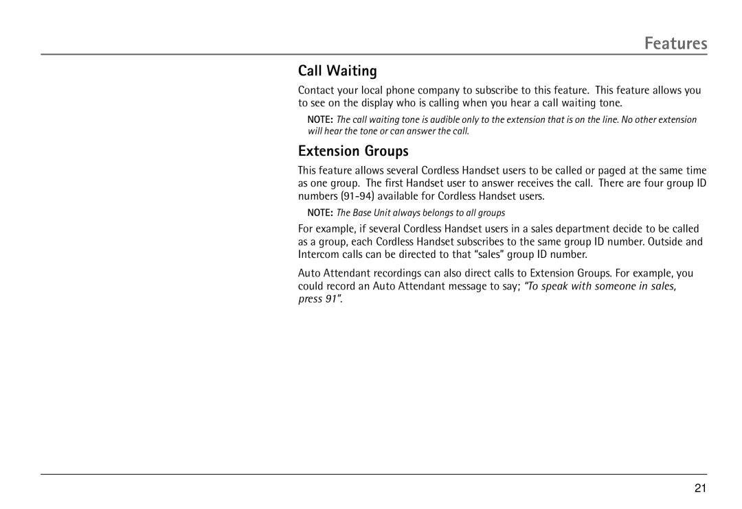 RCA H5450 manual Call Waiting, Extension Groups 