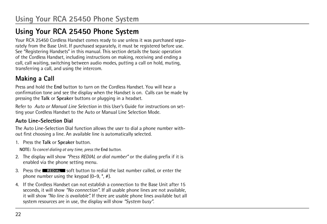 RCA H5450 manual Using Your RCA 25450 Phone System, Making a Call, Auto Line-Selection Dial 