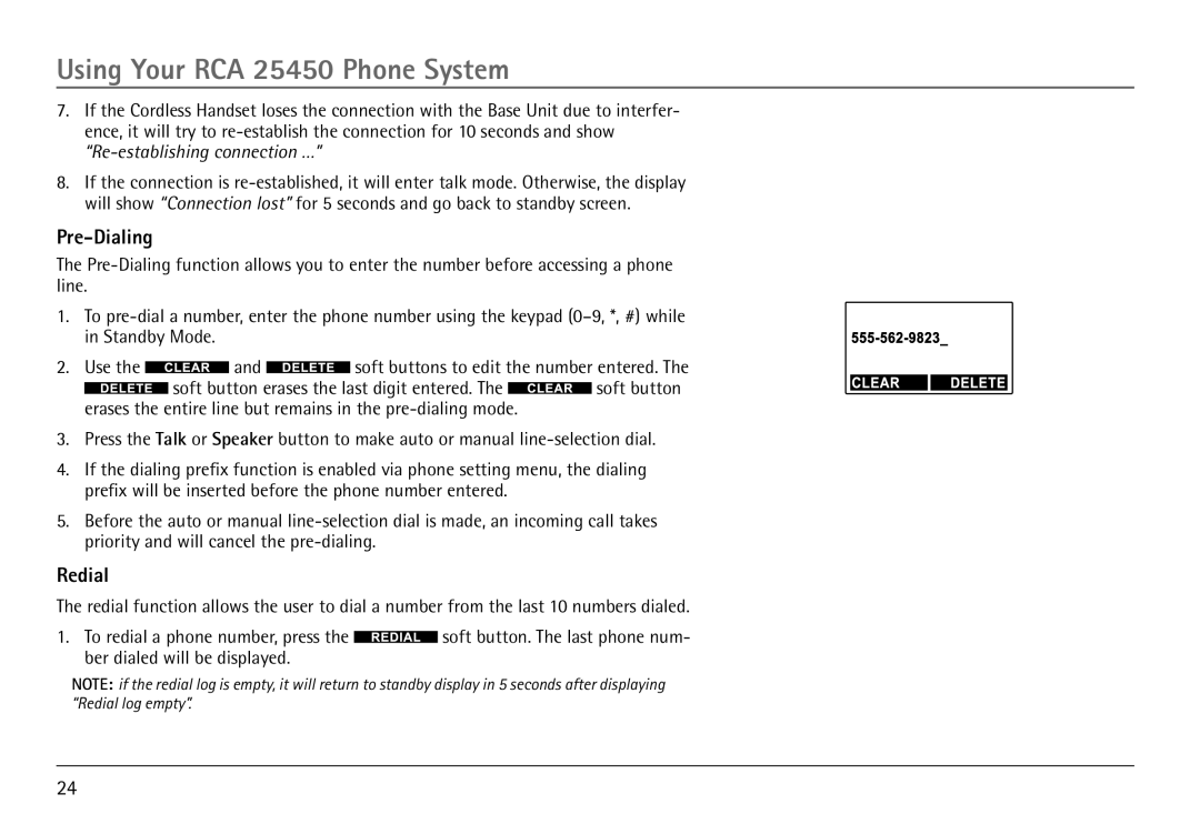 RCA H5450 manual Pre-Dialing, Redial 