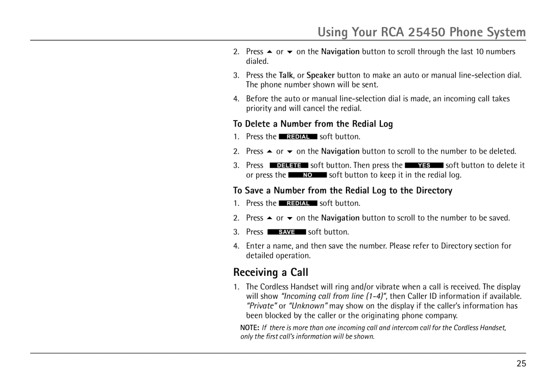 RCA H5450 Receiving a Call, To Delete a Number from the Redial Log, To Save a Number from the Redial Log to the Directory 