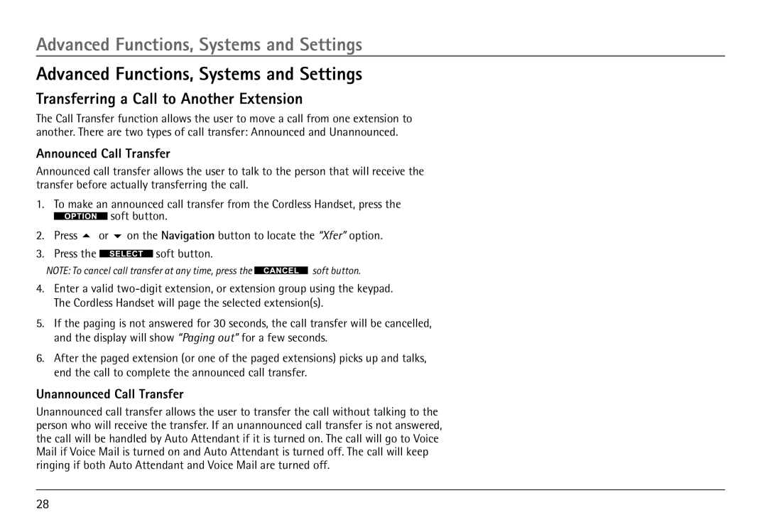 RCA H5450 Advanced Functions, Systems and Settings, Transferring a Call to Another Extension, Announced Call Transfer 