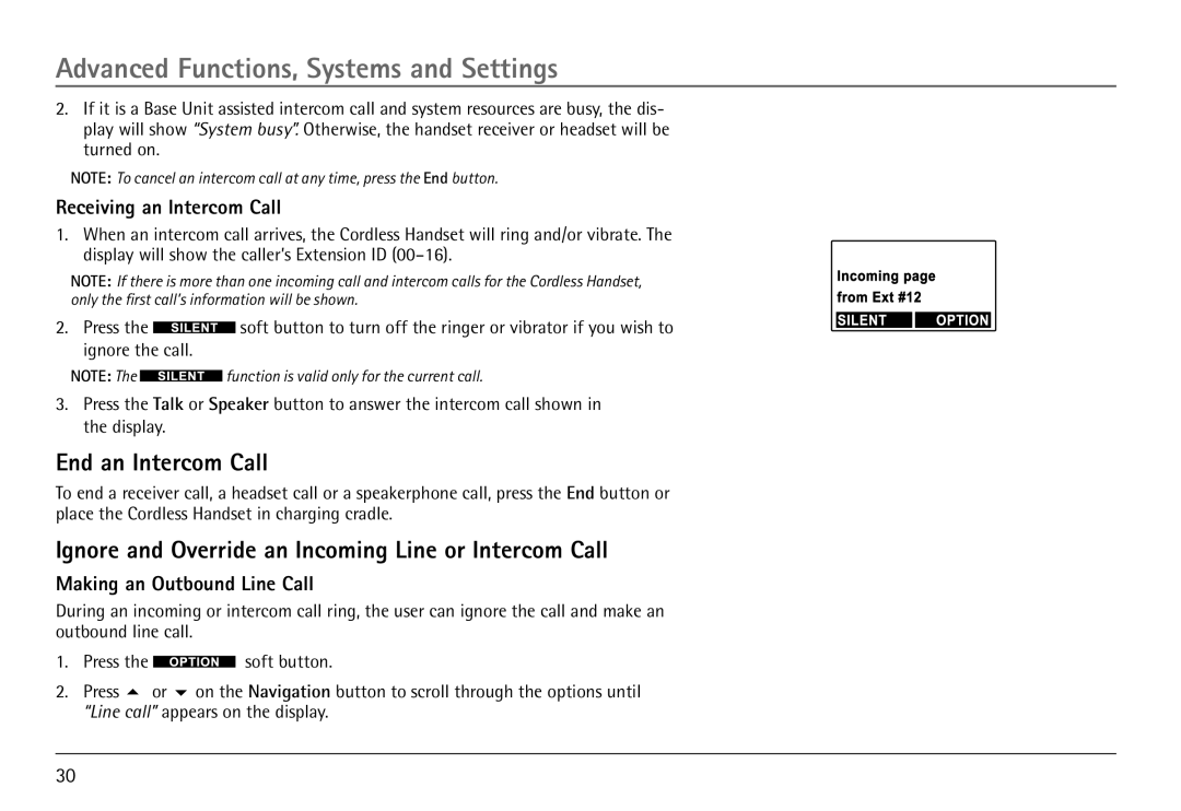 RCA H5450 manual End an Intercom Call, Ignore and Override an Incoming Line or Intercom Call, Receiving an Intercom Call 