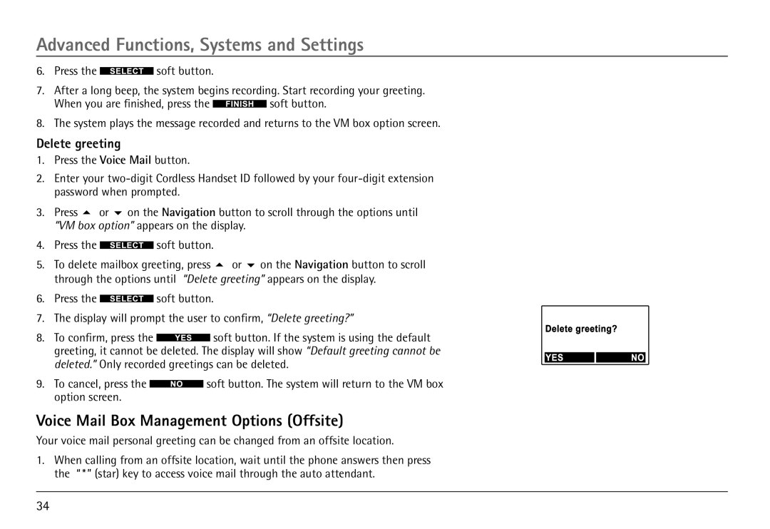 RCA H5450 manual Voice Mail Box Management Options Offsite, Delete greeting 