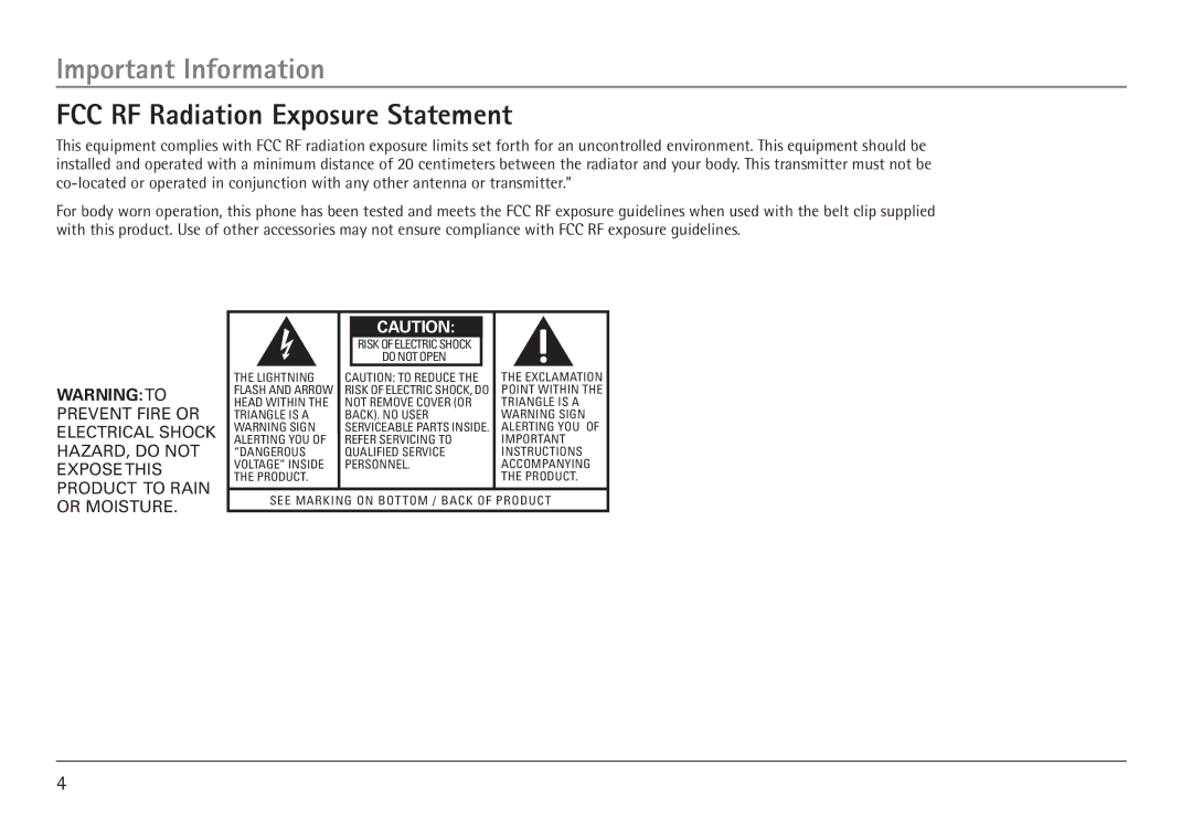 RCA H5450 manual FCC RF Radiation Exposure Statement, Do not Open 