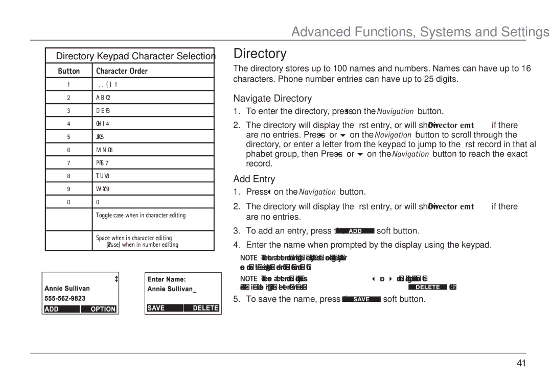 RCA H5450 manual Directory Keypad Character Selection, Navigate Directory, Add Entry 