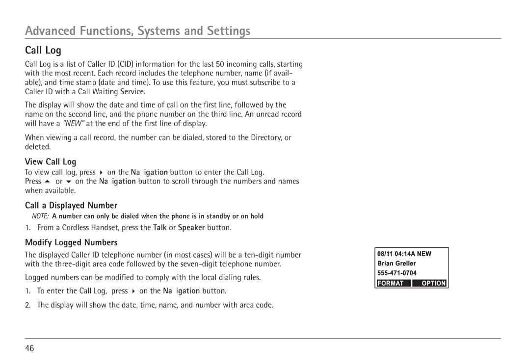 RCA H5450 manual View Call Log, Call a Displayed Number, Modify Logged Numbers 