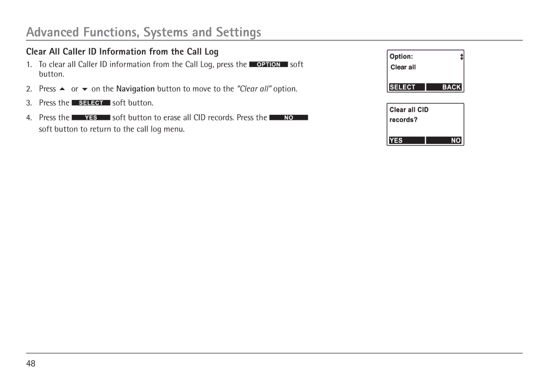 RCA H5450 manual Clear All Caller ID Information from the Call Log, Button 