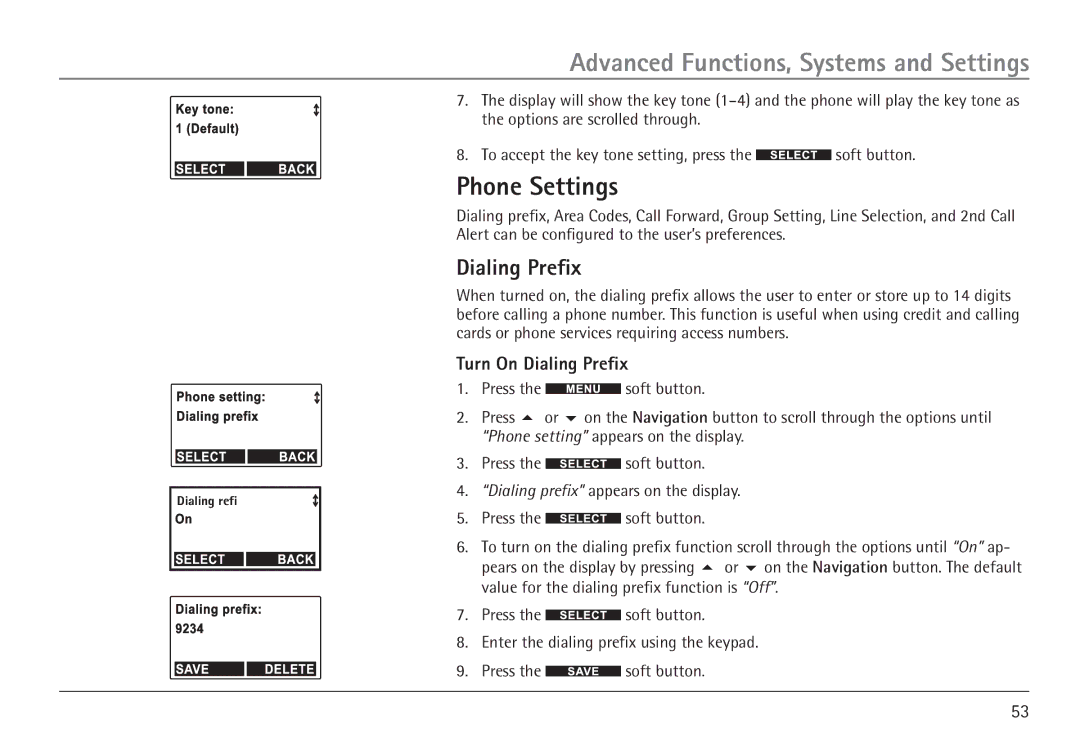 RCA H5450 manual Phone Settings, Turn On Dialing Prefix 