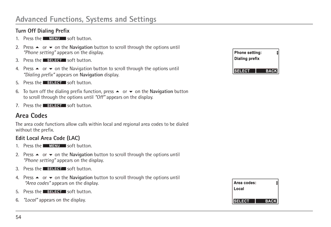 RCA H5450 manual Area Codes, Turn Off Dialing Prefix, Edit Local Area Code LAC 