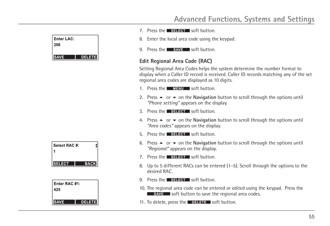 RCA H5450 manual Edit Regional Area Code RAC 