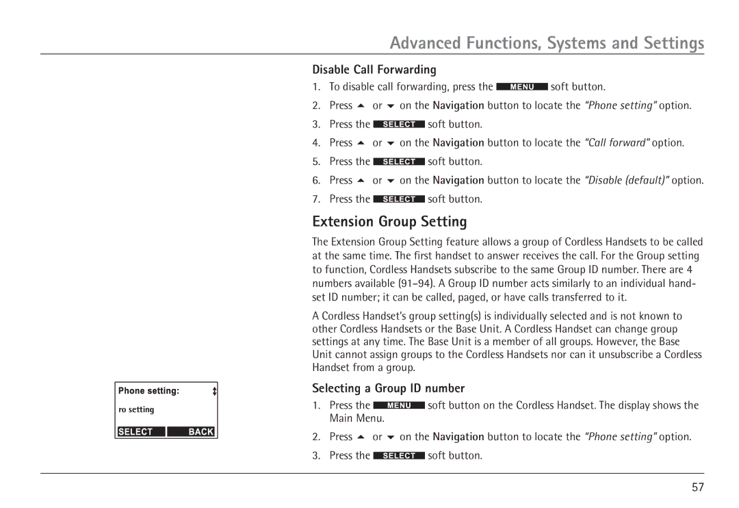 RCA H5450 manual Extension Group Setting, Disable Call Forwarding, Selecting a Group ID number 