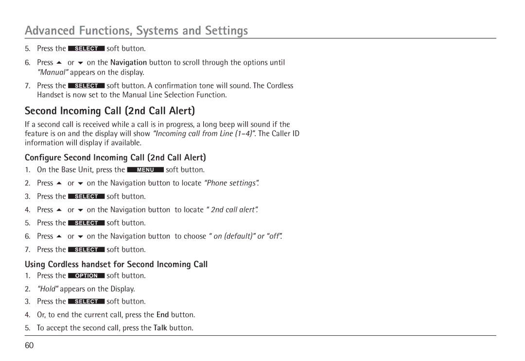 RCA H5450 manual Configure Second Incoming Call 2nd Call Alert, Using Cordless handset for Second Incoming Call 