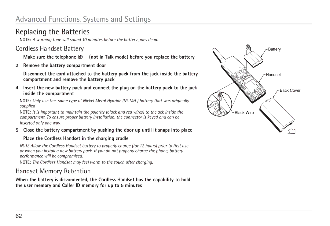 RCA H5450 manual Replacing the Batteries, Cordless Handset Battery, Handset Memory Retention 