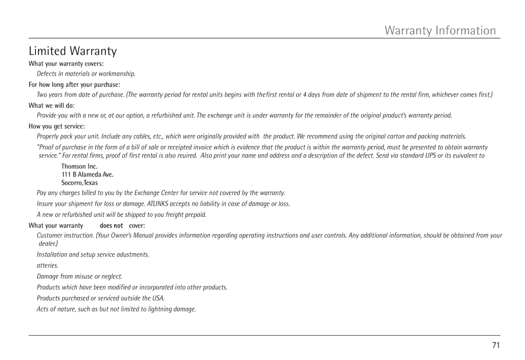 RCA H5450 manual Warranty Information, Limited Warranty 