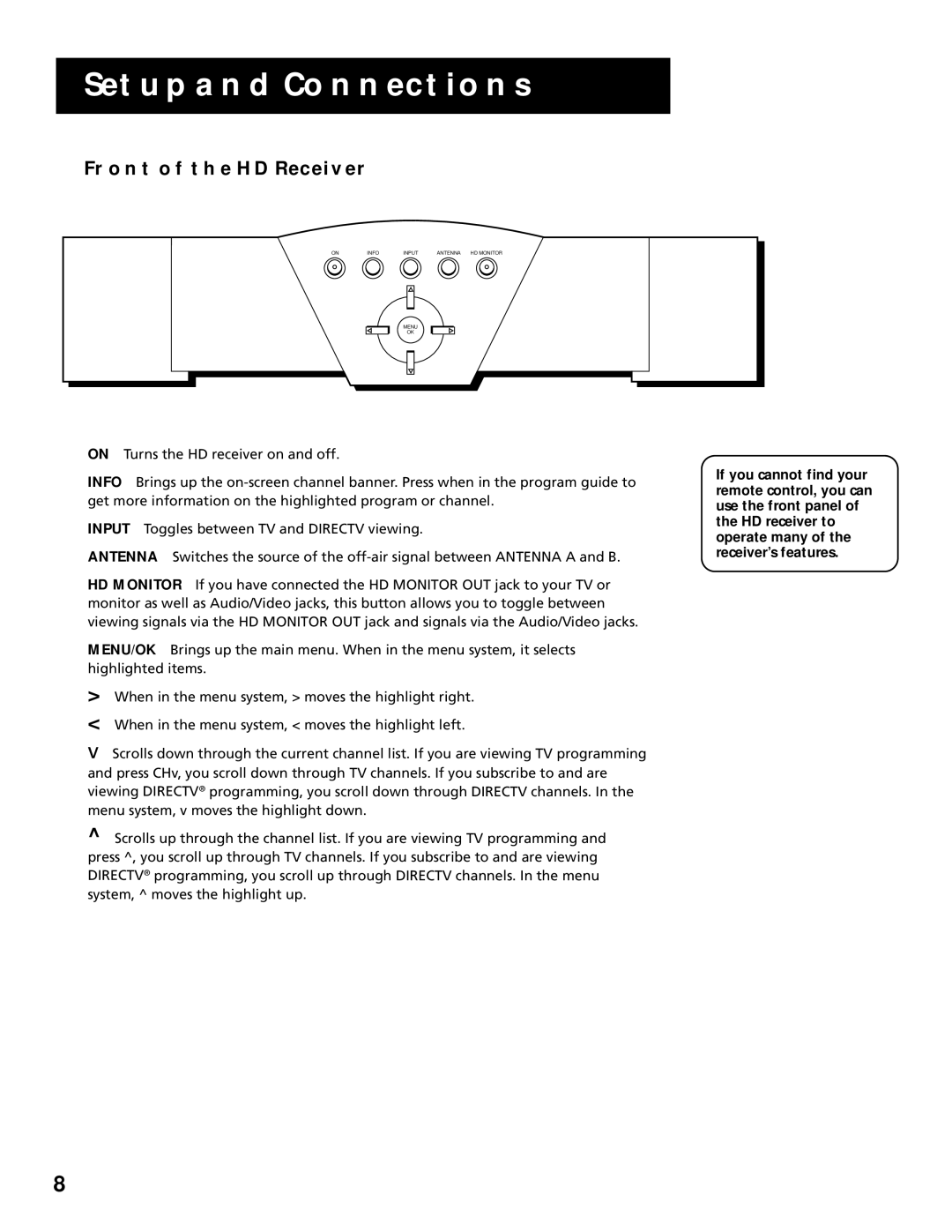 RCA manual Front of the HD Receiver 