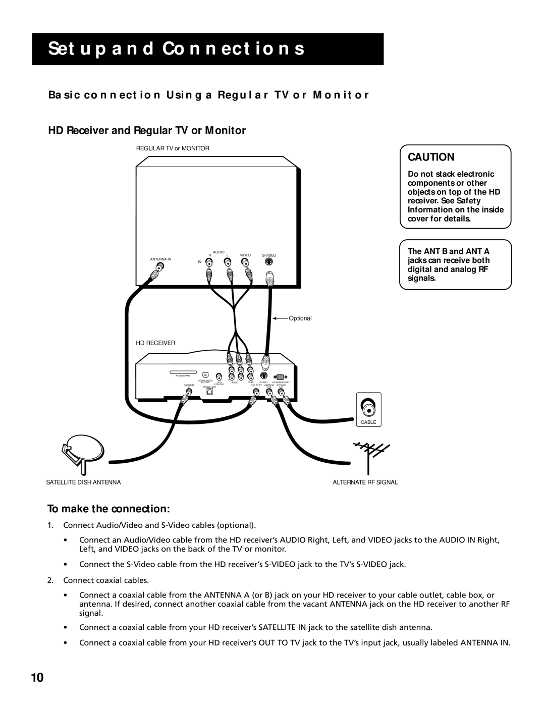 RCA manual Basic Connection Using a Regular TV or Monitor, HD Receiver and Regular TV or Monitor, To make the connection 