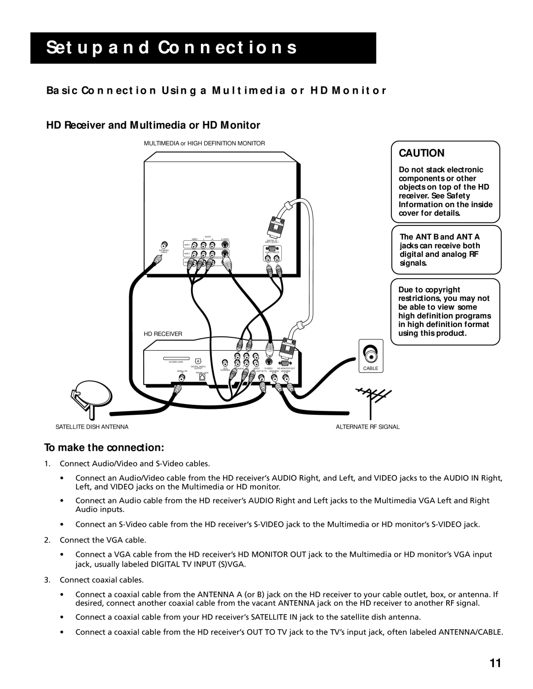 RCA manual Basic Connection Using a Multimedia or HD Monitor, HD Receiver and Multimedia or HD Monitor 