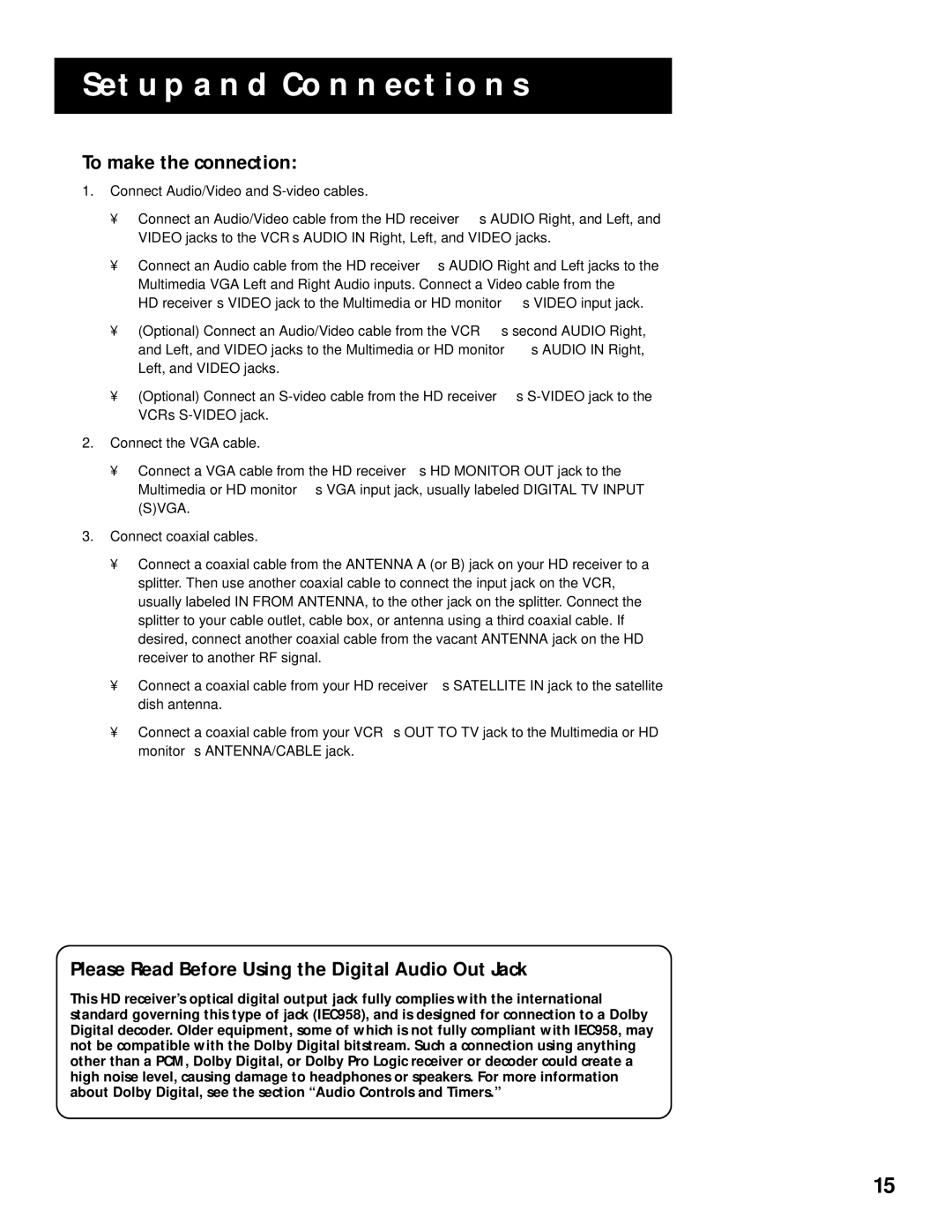 RCA HD Receiver manual Please Read Before Using the Digital Audio Out Jack 