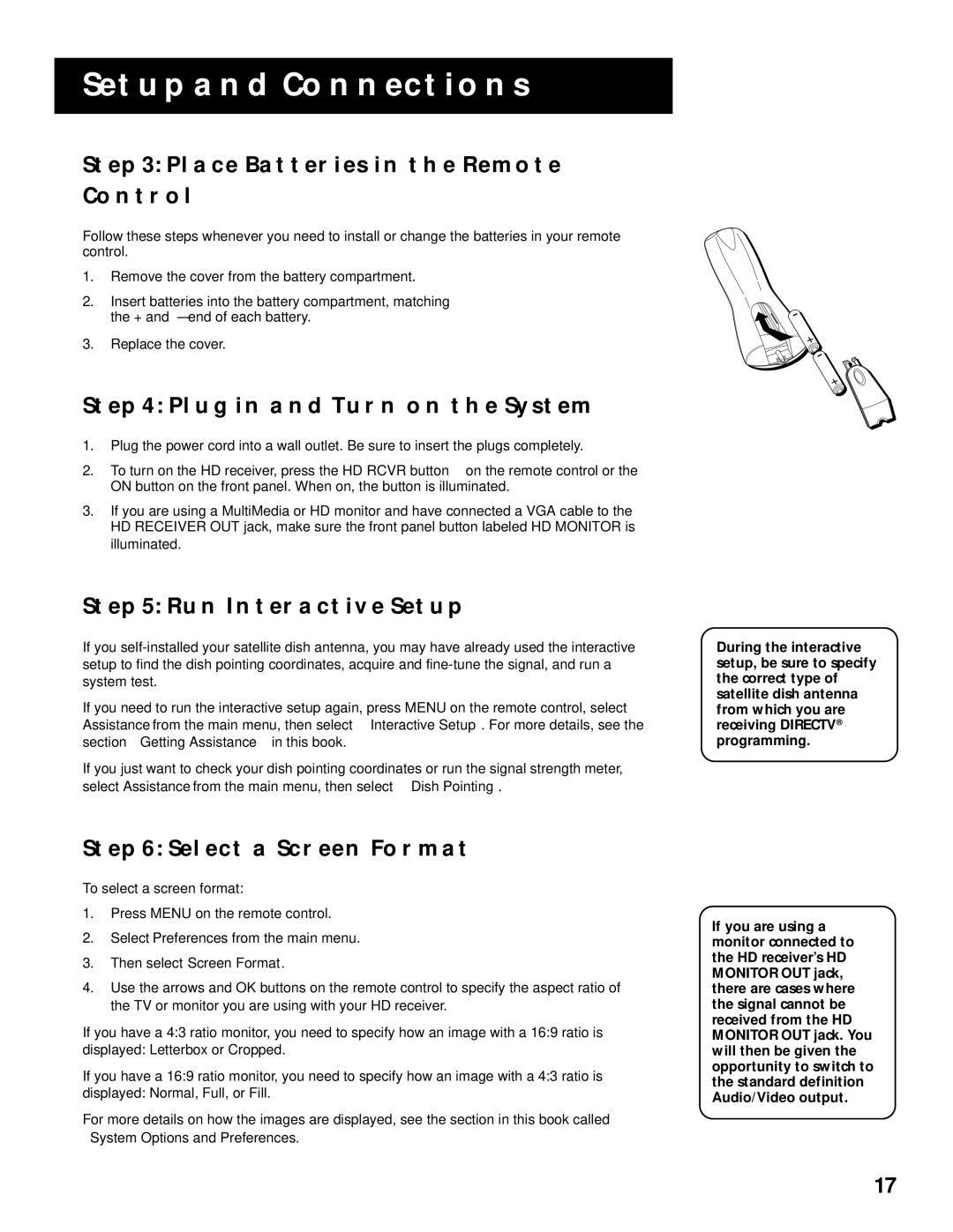 RCA HD Receiver manual Place Batteries in the Remote Control, Plug in and Turn on the System, RUN Interactive Setup 