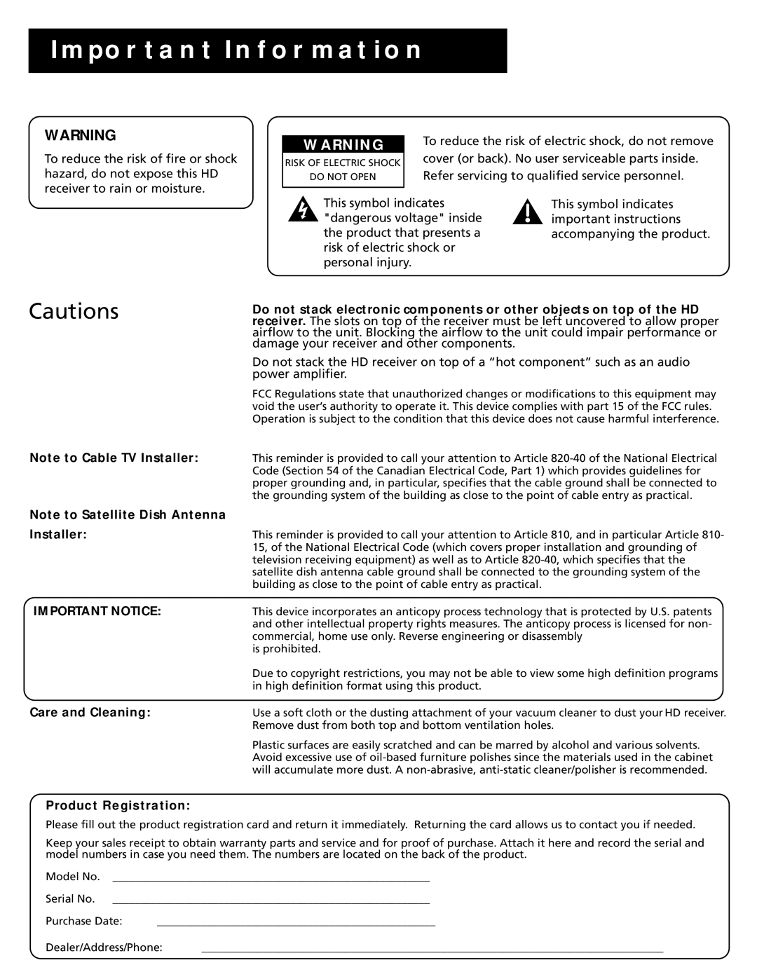 RCA HD Receiver manual Important Information, Important Notice 