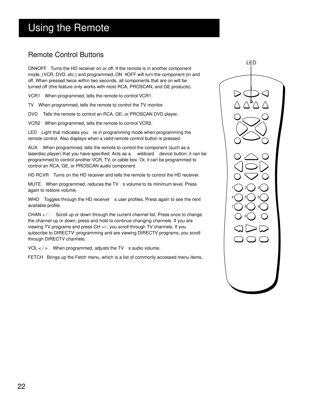 RCA HD Receiver manual Remote Control Buttons, Led 