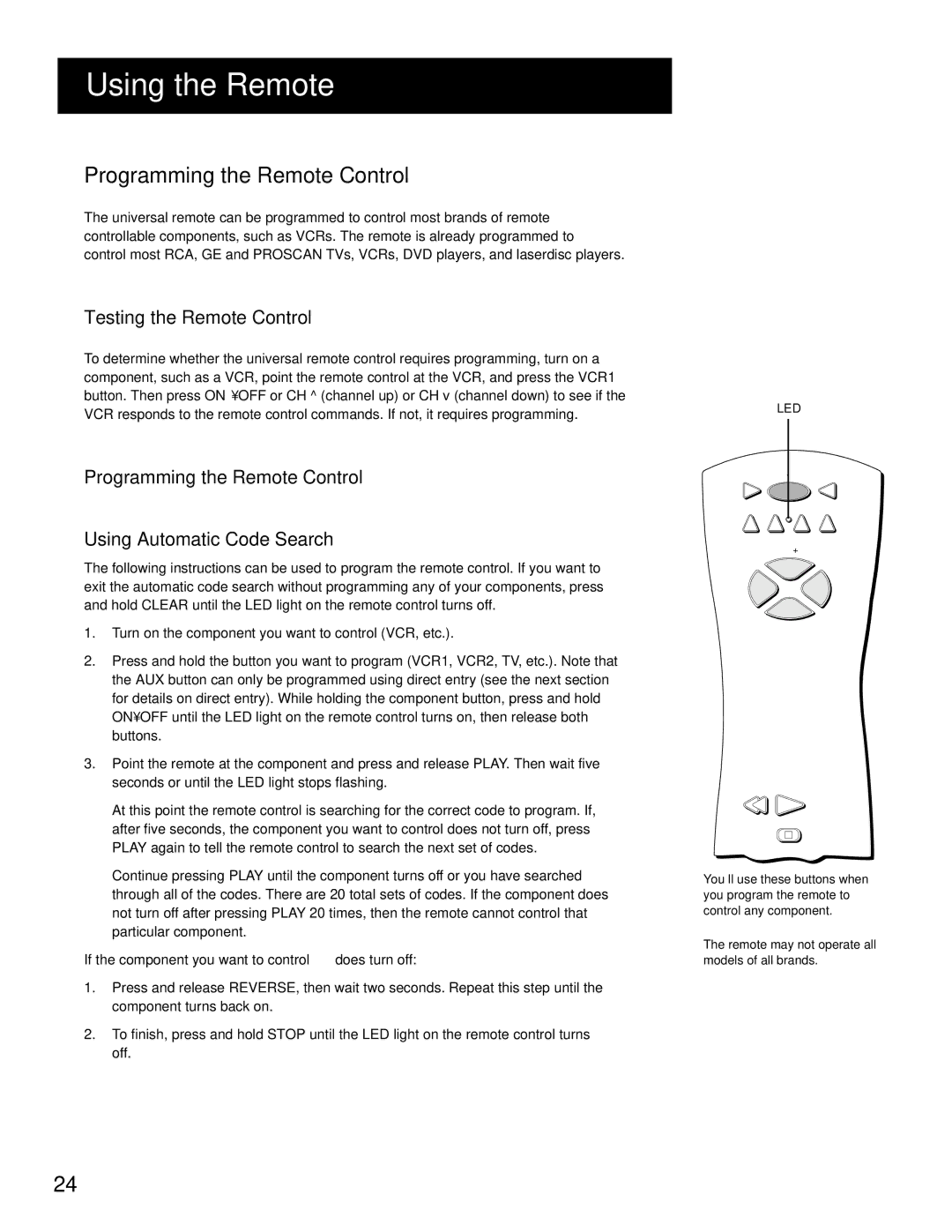 RCA HD Receiver manual Programming the Remote Control, Testing the Remote Control, Using Automatic Code Search 