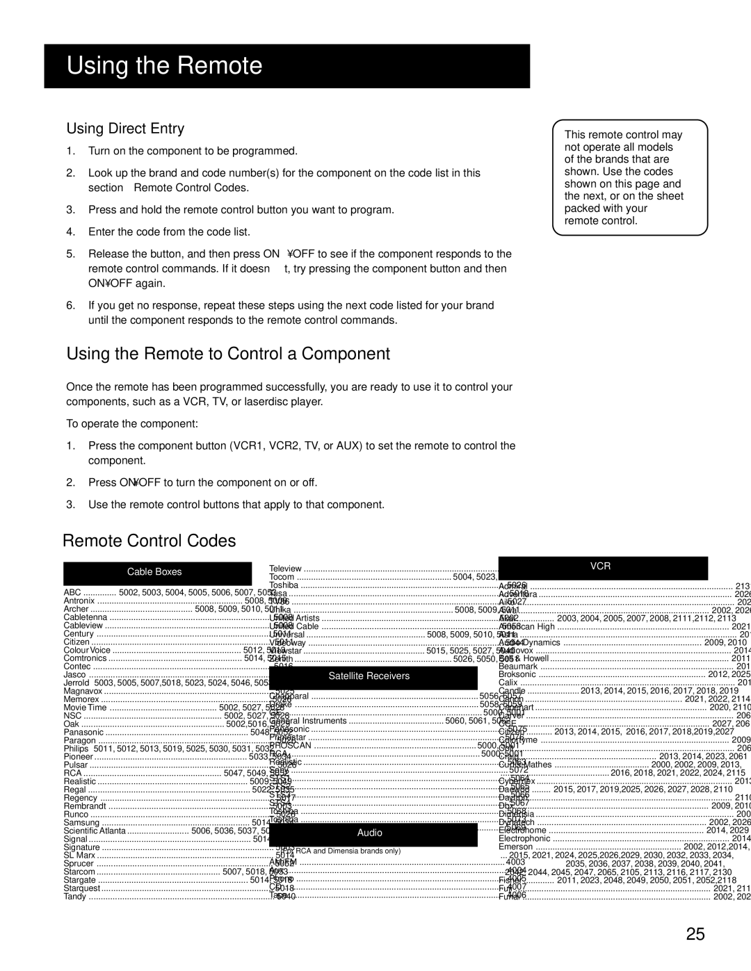 RCA HD Receiver manual Using the Remote to Control a Component, Remote Control Codes, Using Direct Entry 