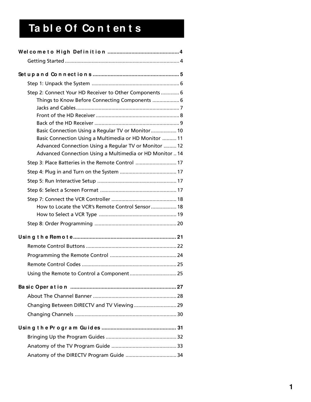 RCA HD Receiver manual Table of Contents 