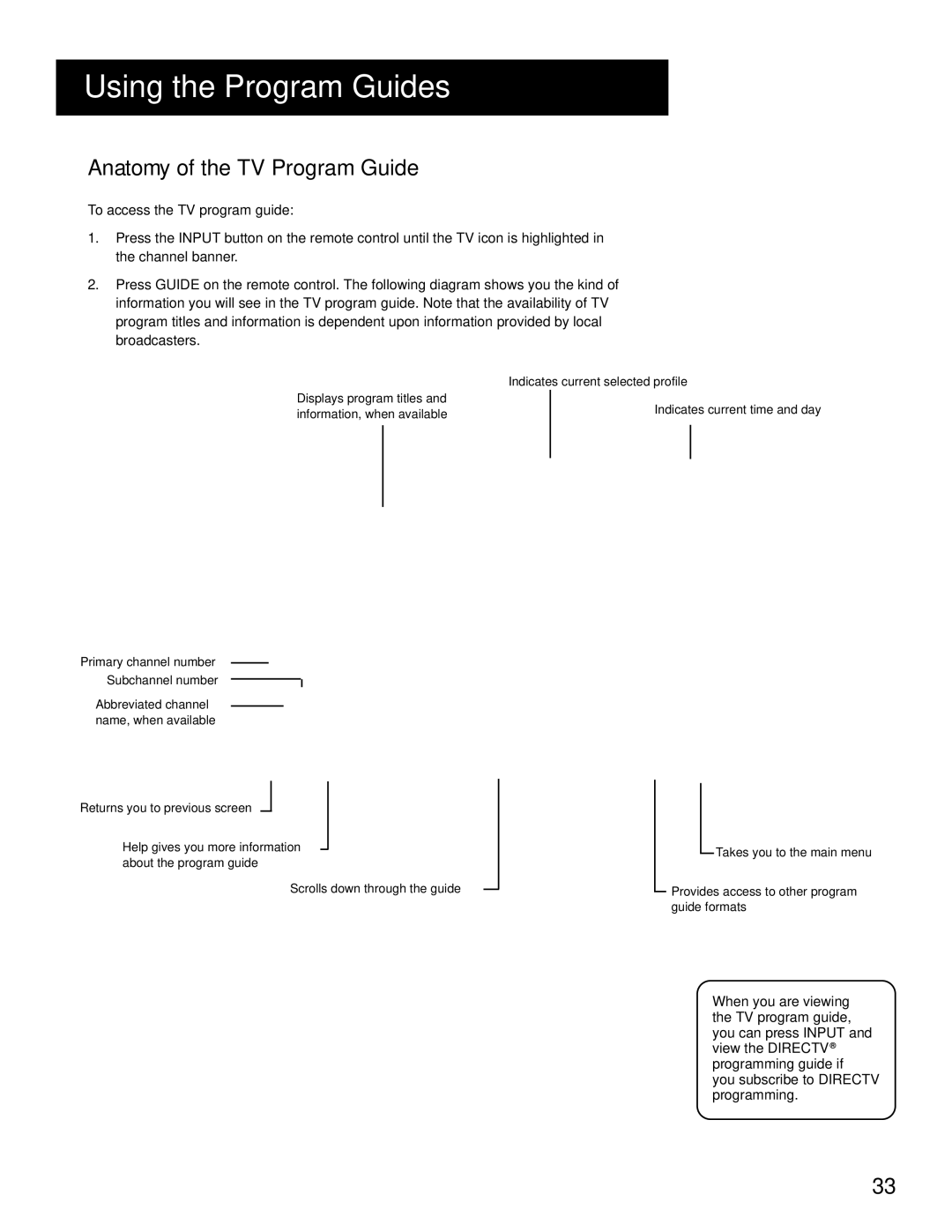 RCA HD Receiver manual Anatomy of the TV Program Guide 